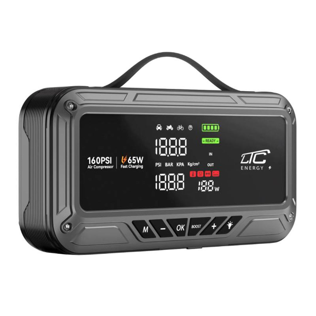 Jump Starter LTC, 12000 mAh, cu compresor, lanternă și powerbank, ecran LCD, putere de 65 W, cabluri și husă incluse în pachet, LXJS120