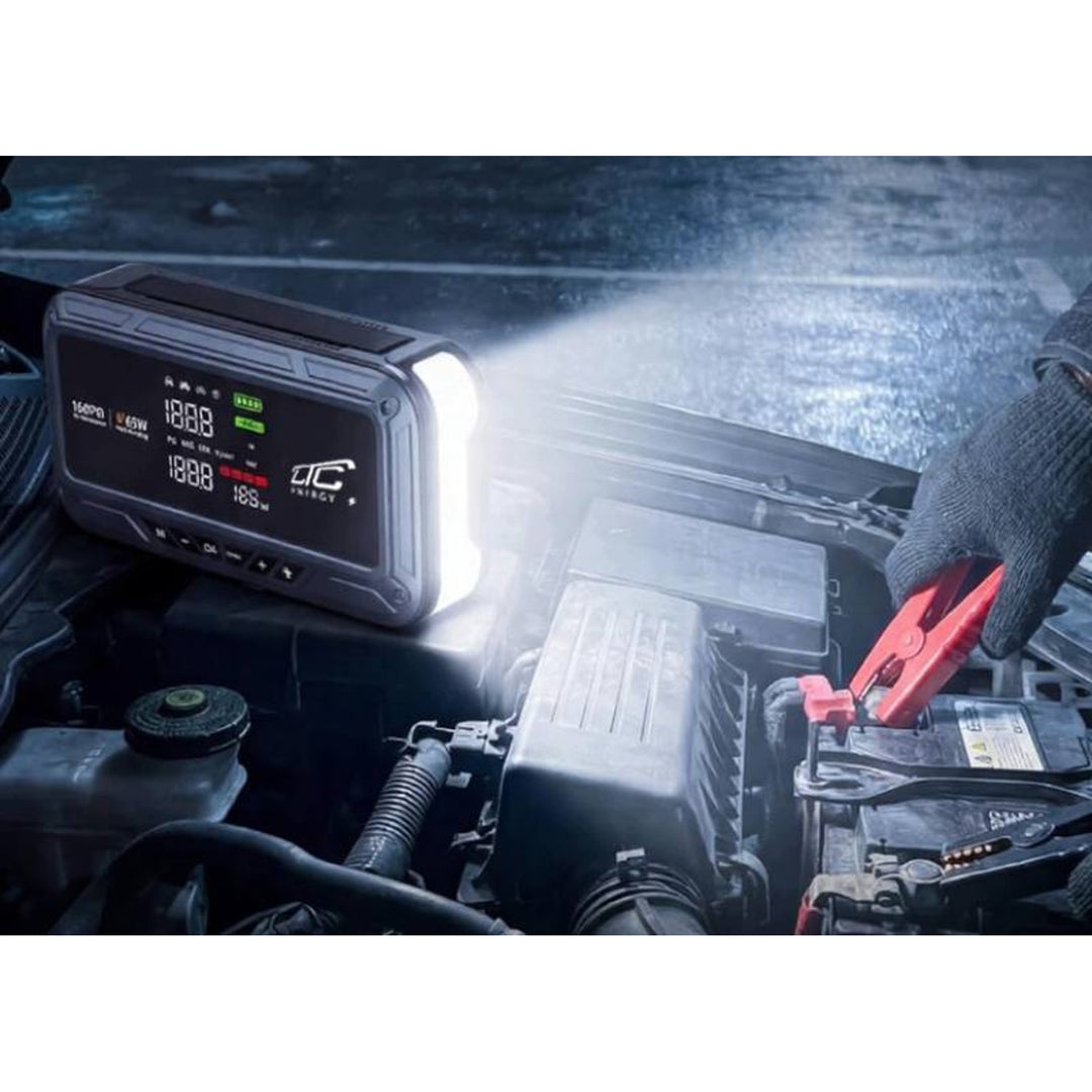 Jump Starter LTC, 12000 mAh, cu compresor, lanternă și powerbank, ecran LCD, putere de 65 W, cabluri și husă incluse în pachet, LXJS120