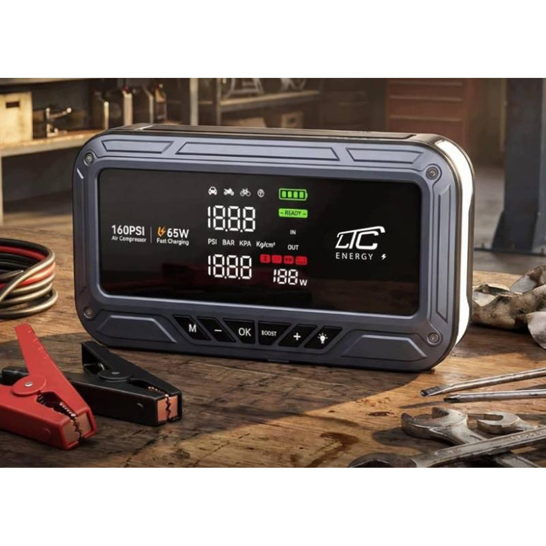 Jump Starter LTC, 12000 mAh, cu compresor, lanternă și powerbank, ecran LCD, putere de 65 W, cabluri și husă incluse în pachet, LXJS120
