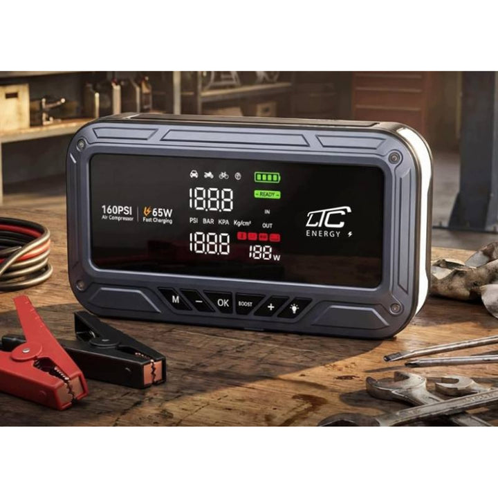 Jump Starter LTC, 12000 mAh, cu compresor, lanternă și powerbank, ecran LCD, putere de 65 W, cabluri și husă incluse în pachet, LXJS120