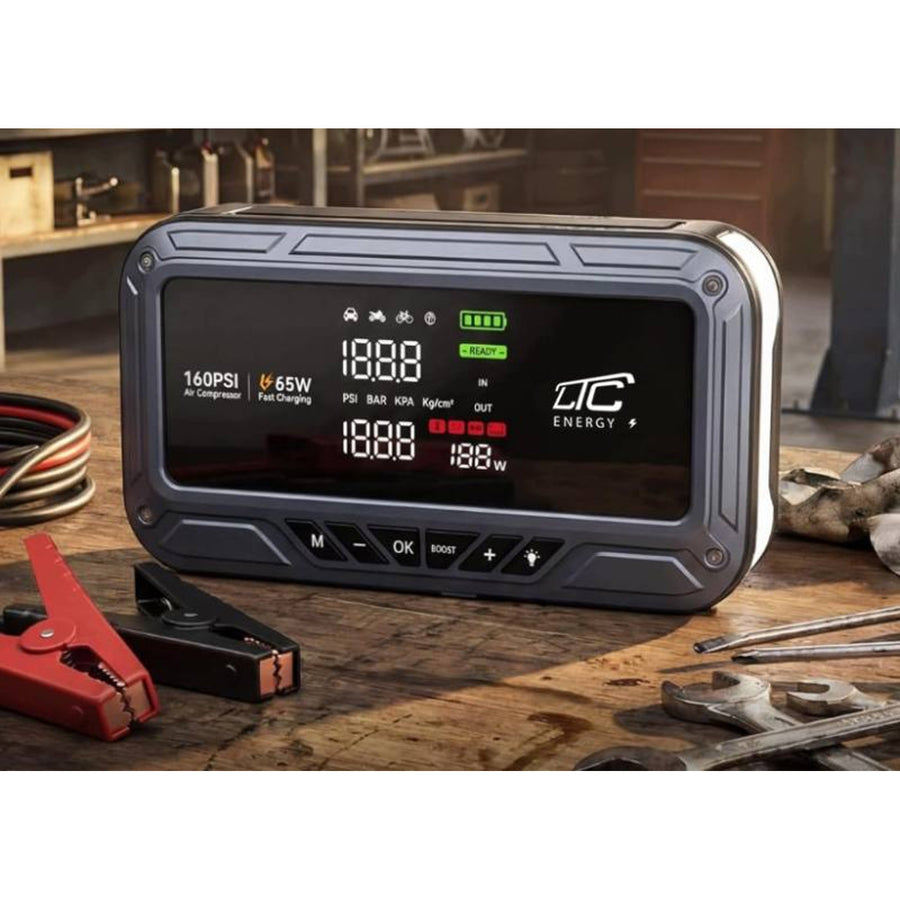 Jump Starter LTC, 12000 mAh, cu compresor, lanternă și powerbank, ecran LCD, putere de 65 W, cabluri și husă incluse în pachet, LXJS120