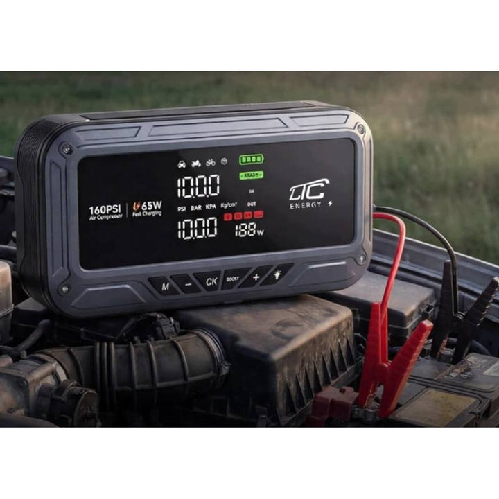 Jump Starter LTC, 12000 mAh, cu compresor, lanternă și powerbank, ecran LCD, putere de 65 W, cabluri și husă incluse în pachet, LXJS120