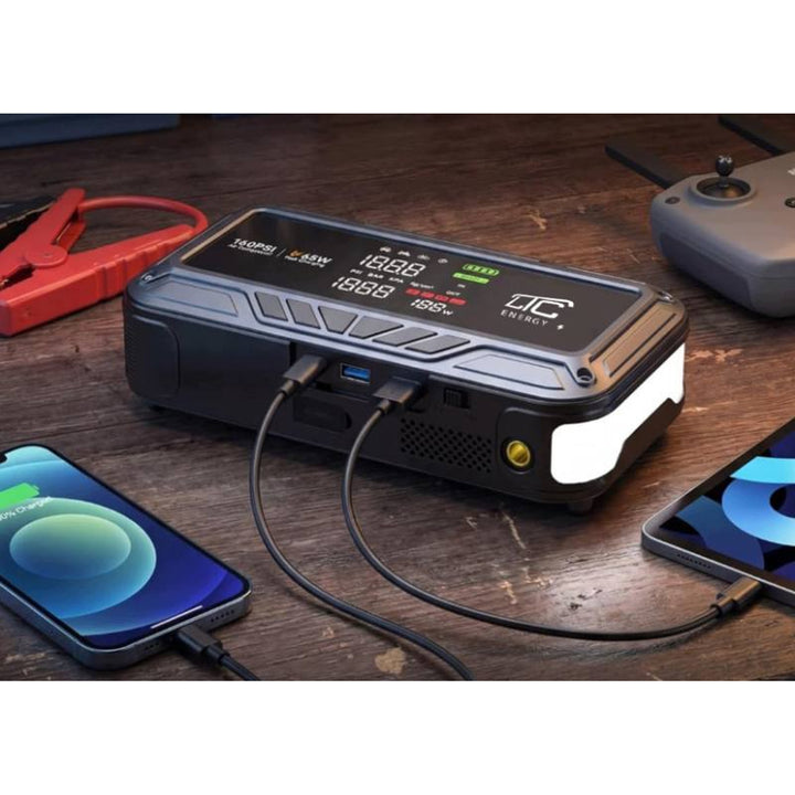 Jump Starter LTC, 12000 mAh, cu compresor, lanternă și powerbank, ecran LCD, putere de 65 W, cabluri și husă incluse în pachet, LXJS120