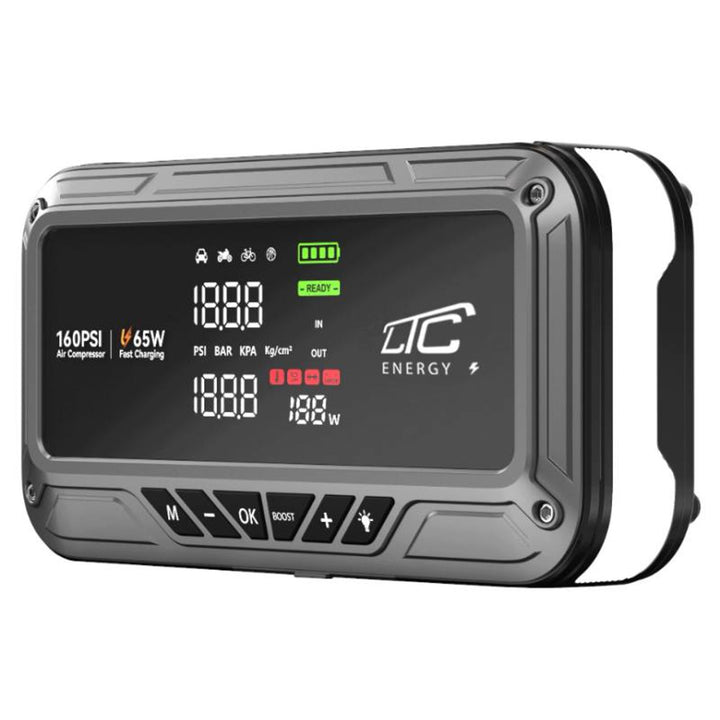 Jump Starter LTC, 12000 mAh, cu compresor, lanternă și powerbank, ecran LCD, putere de 65 W, cabluri și husă incluse în pachet, LXJS120