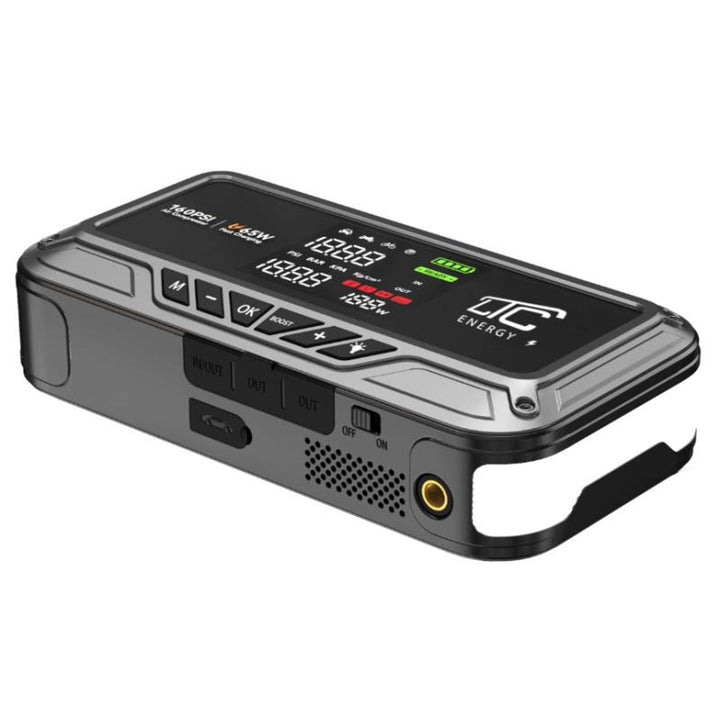 Jump Starter LTC, 12000 mAh, cu compresor, lanternă și powerbank, ecran LCD, putere de 65 W, cabluri și husă incluse în pachet, LXJS120