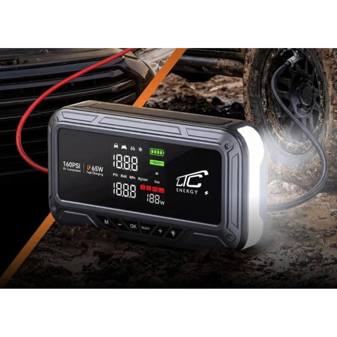 Jump Starter LTC, 12000 mAh, cu compresor, lanternă și powerbank, ecran LCD, putere de 65 W, cabluri și husă incluse în pachet, LXJS120