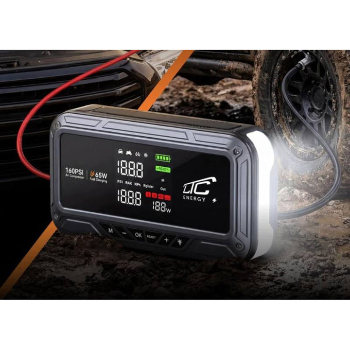 Jump Starter LTC, 12000 mAh, cu compresor, lanternă și powerbank, ecran LCD, putere de 65 W, cabluri și husă incluse în pachet, LXJS120