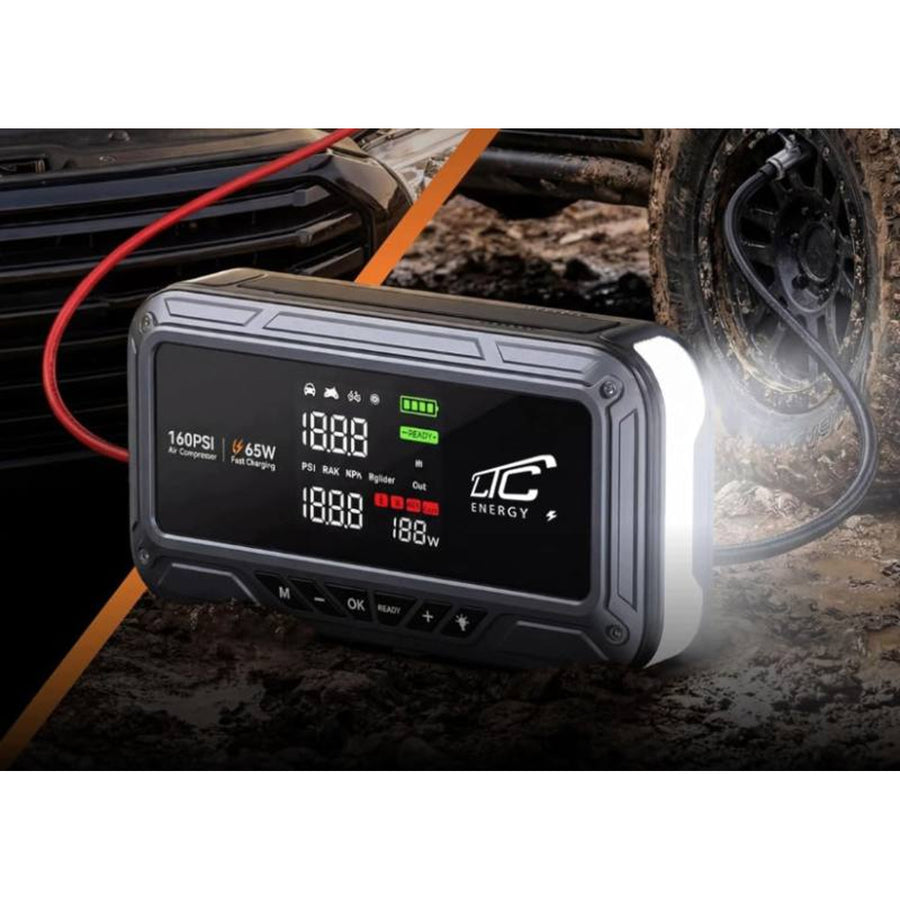 Jump Starter LTC, 12000 mAh, cu compresor, lanternă și powerbank, ecran LCD, putere de 65 W, cabluri și husă incluse în pachet, LXJS120