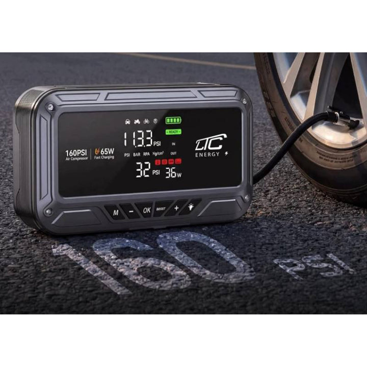 Jump Starter LTC, 12000 mAh, cu compresor, lanternă și powerbank, ecran LCD, putere de 65 W, cabluri și husă incluse în pachet, LXJS120