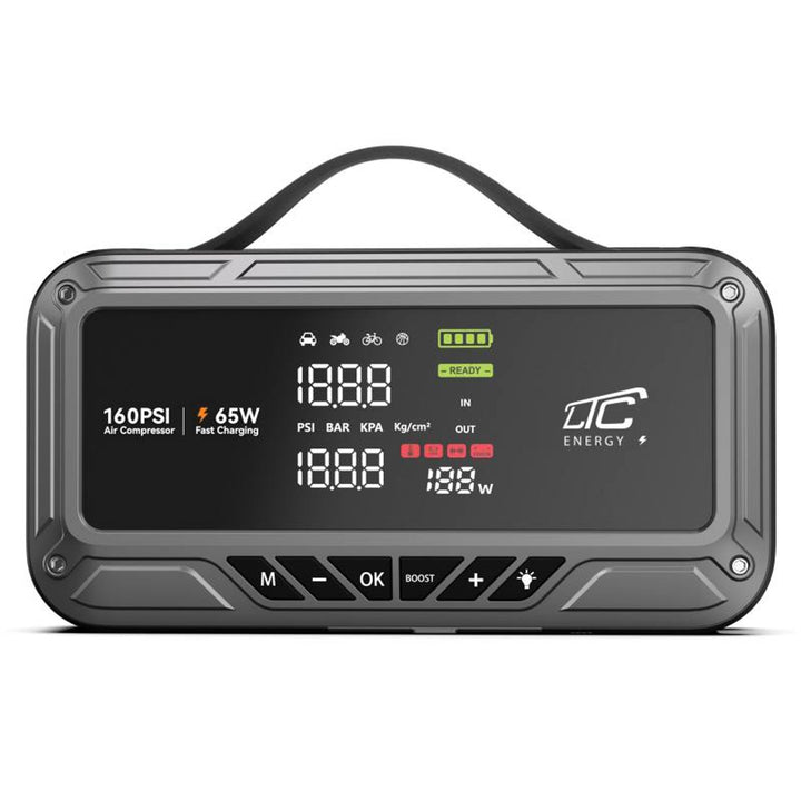 Jump Starter LTC, 12000 mAh, cu compresor, lanternă și powerbank, ecran LCD, putere de 65 W, cabluri și husă incluse în pachet, LXJS120