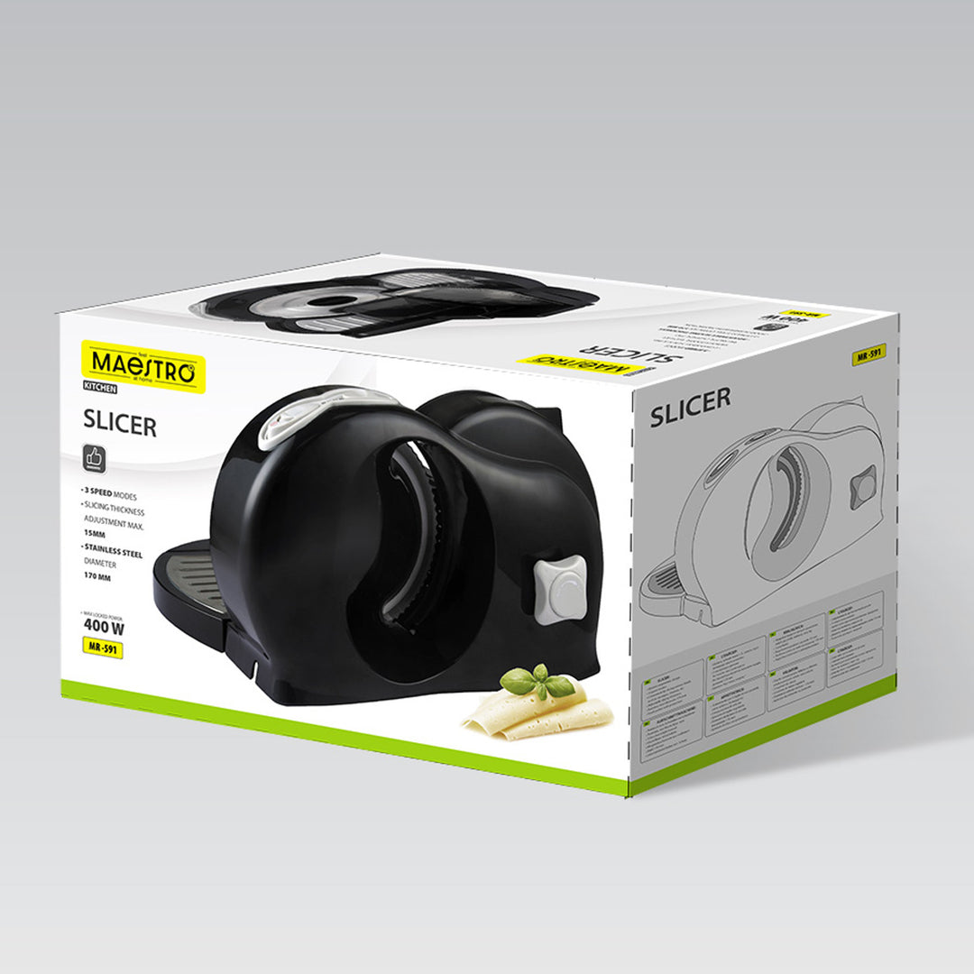 Feliator Maestro, putere 400 W, interval de tăiere de la 0 la 15 mm, lamă din oțel inoxidabil, trei viteze de tăiere, dispozitiv de fixare și tavă incluse în set, MR-591