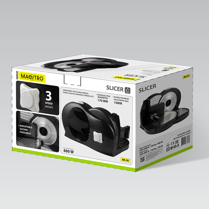Feliator Maestro, putere 400 W, interval de tăiere de la 0 la 15 mm, lamă din oțel inoxidabil, trei viteze de tăiere, dispozitiv de fixare și tavă incluse în set, MR-591