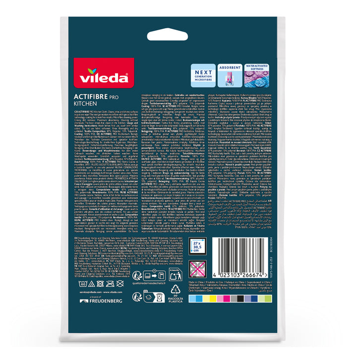 Cârpă Vileda Actifibre Pro, de bucătărie, 1 buc., din microfibră, cu strat de PVA, se poate spăla la temperaturi de până la 60 °C, 183303
