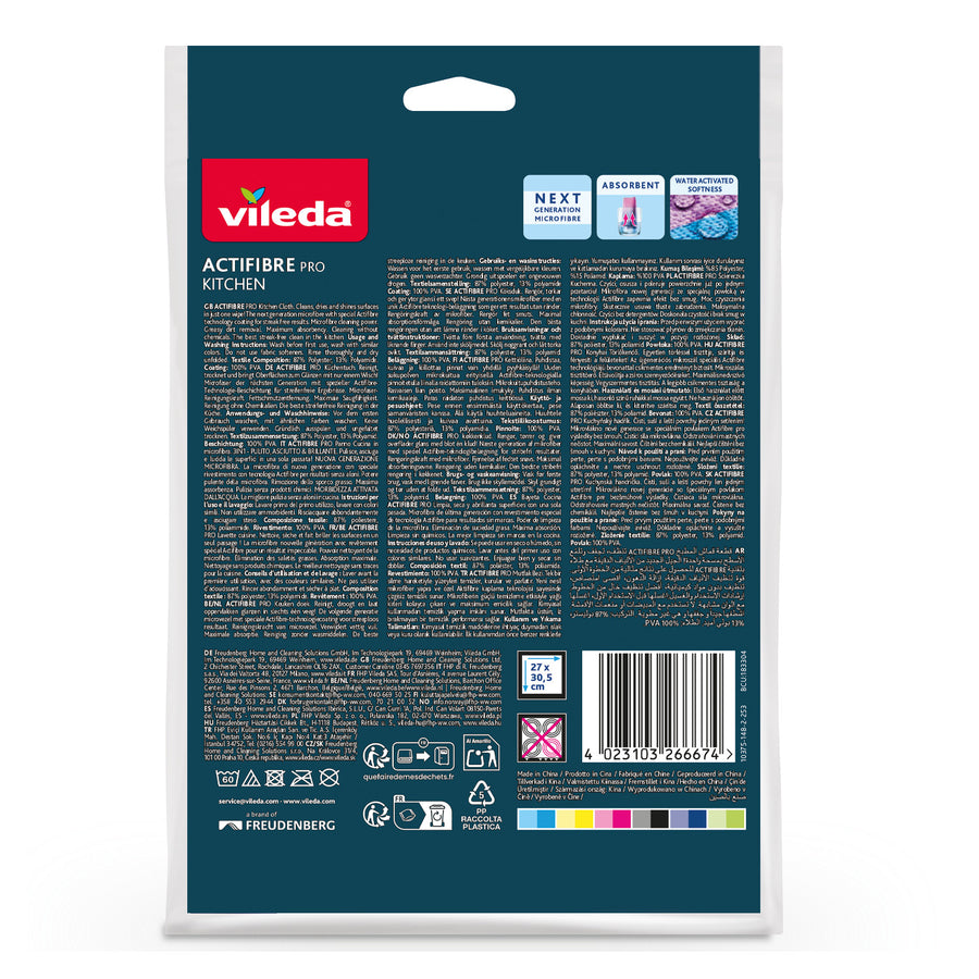 Cârpă Vileda Actifibre Pro, de bucătărie, 1 buc., din microfibră, cu strat de PVA, se poate spăla la temperaturi de până la 60 °C, 183303
