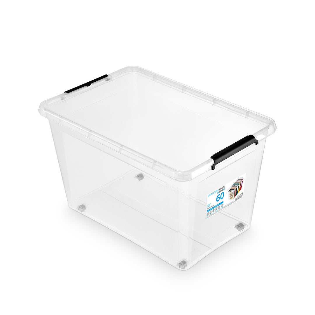 Recipient Moxom SimpleStore, capacitate 60 L, transparent, capac cu cleme, prevăzut cu roți, fără BPA, 04-0081