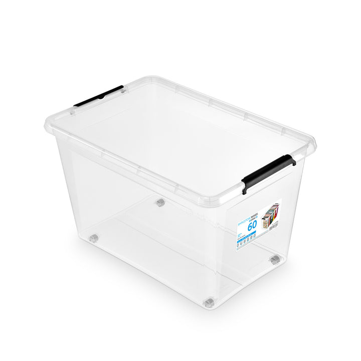 Recipient Moxom SimpleStore, capacitate 60 L, transparent, capac cu cleme, prevăzut cu roți, fără BPA, 04-0081