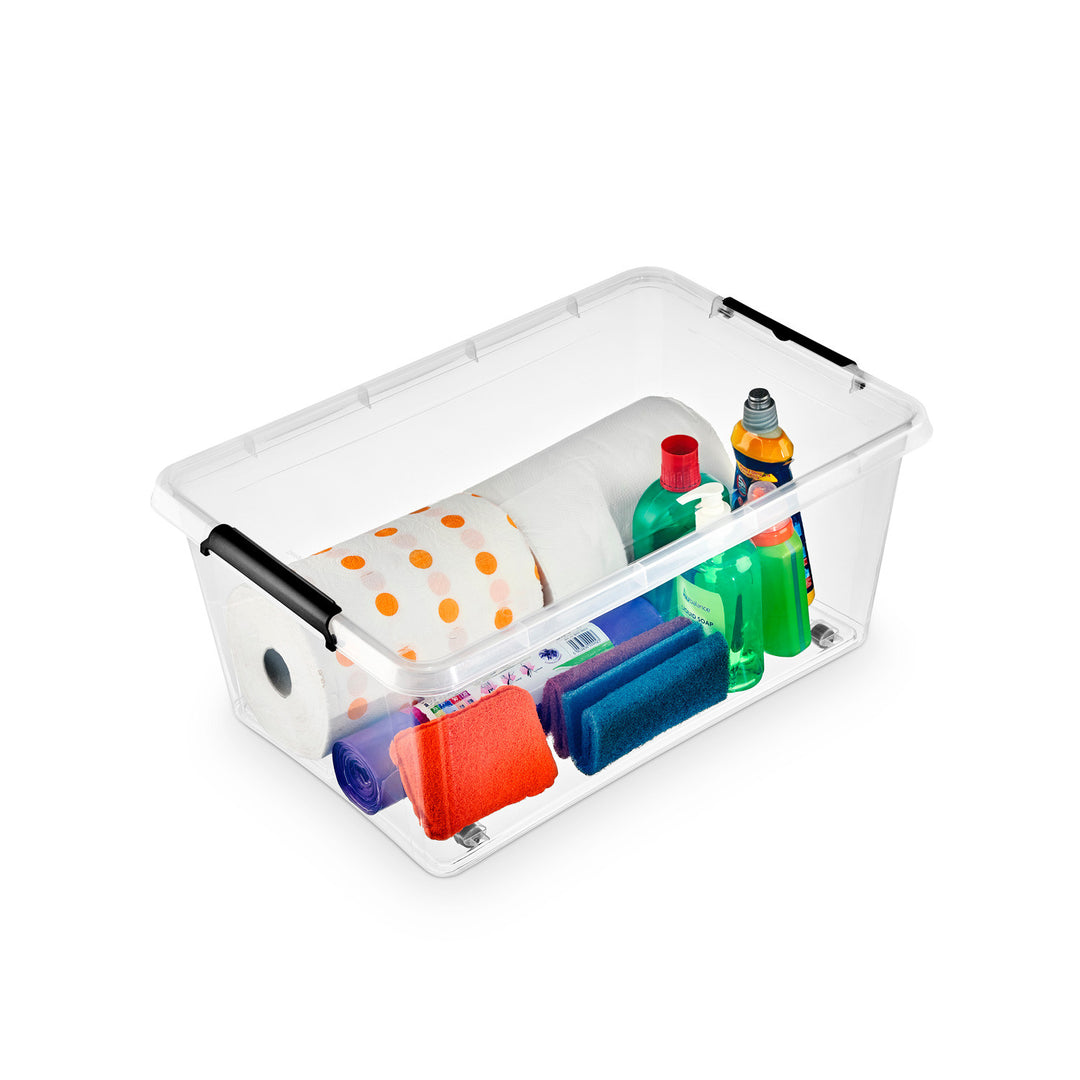 Recipient Moxom SimpleStore, capacitate 40 L, transparent, capac cu cleme, prevăzut cu roți, fără BPA, 04-0076