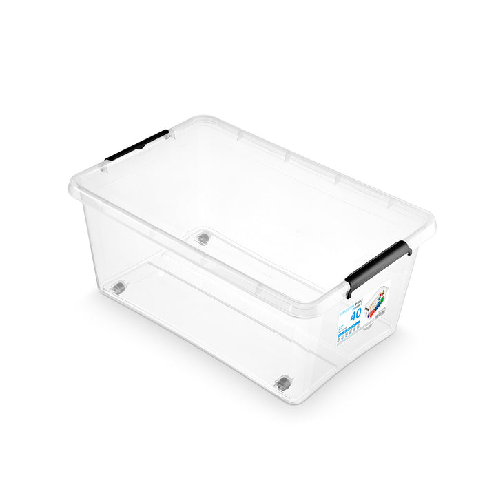 Recipient Moxom SimpleStore, capacitate 40 L, transparent, capac cu cleme, prevăzut cu roți, fără BPA, 04-0076