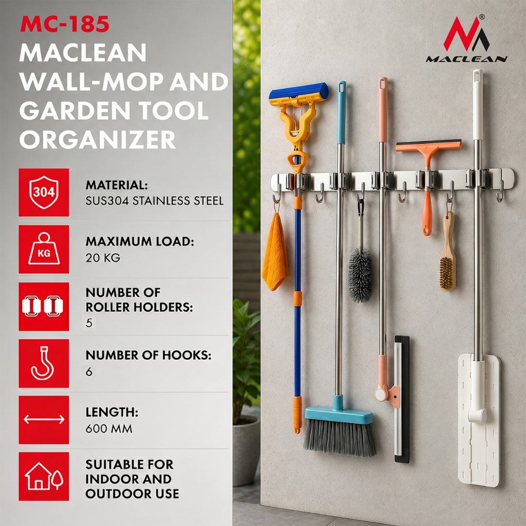 Organizator de perete pentru unelte de grădină și mopuri Maclean, din oțel, cu cârlige, sarcină maximă 20 kg, lățime 60 cm, MC-185, 2 bucăți