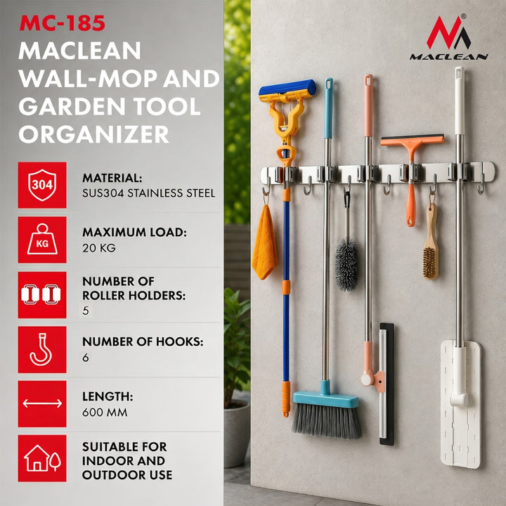 Organizator de perete pentru unelte de grădină și mopuri Maclean, din oțel, cu cârlige, sarcină maximă 20 kg, lățime 60 cm, MC-185, 2 bucăți