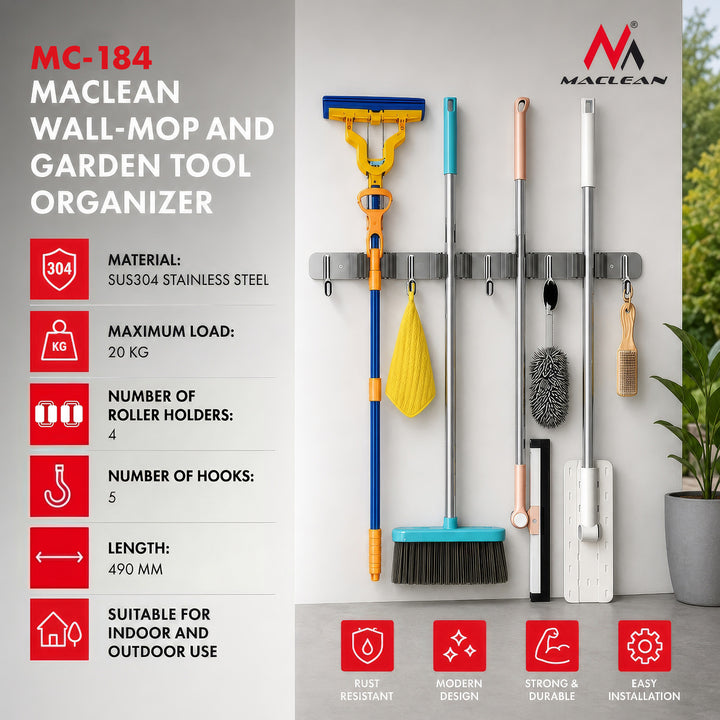Organizator de perete pentru unelte de grădină și mopuri Maclean, din oțel, cu cârlige, sarcină maximă 20 kg, lățime 49 cm, MC-184, 2 bucăți