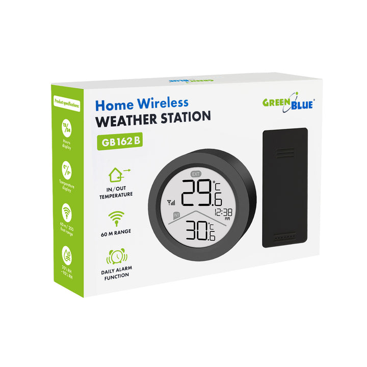 Stație meteo fără fir GreenBlue, temperatură interioară/exterioară, ceas, alegere între °C și °F, rază de acțiune de până la 60 m, negru, GB162 B + 4 baterii alcaline AAA Varta Industrial