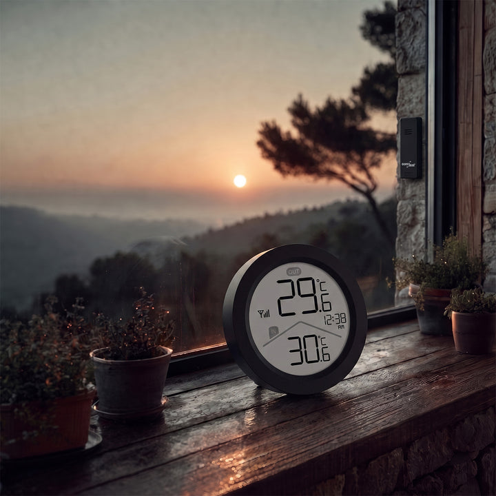 Stație meteo fără fir GreenBlue, temperatură interioară/exterioară, ceas, alegere între °C și °F, rază de acțiune de până la 60 m, negru, GB162 B + 4 baterii alcaline AAA Varta Industrial