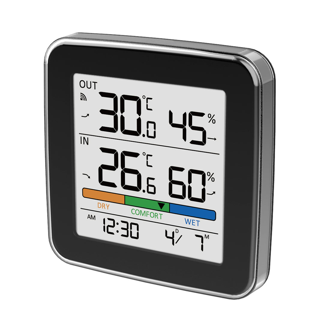 Stație meteo fără fir GreenBlue, temperatură + umiditate IN/OUT, ceas + alarmă + dată, °C / °F, rază de acțiune de până la 60 m, negru, GB169 B + 4 baterii alcaline AAA Varta Industrial