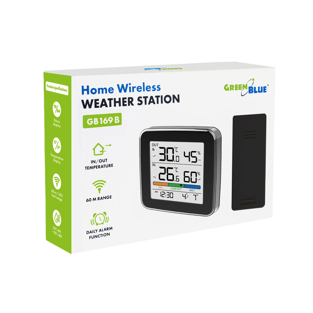 Stație meteo fără fir GreenBlue, temperatură + umiditate IN/OUT, ceas + alarmă + dată, °C / °F, rază de acțiune de până la 60 m, negru, GB169 B + 4 baterii alcaline AAA Varta Industrial