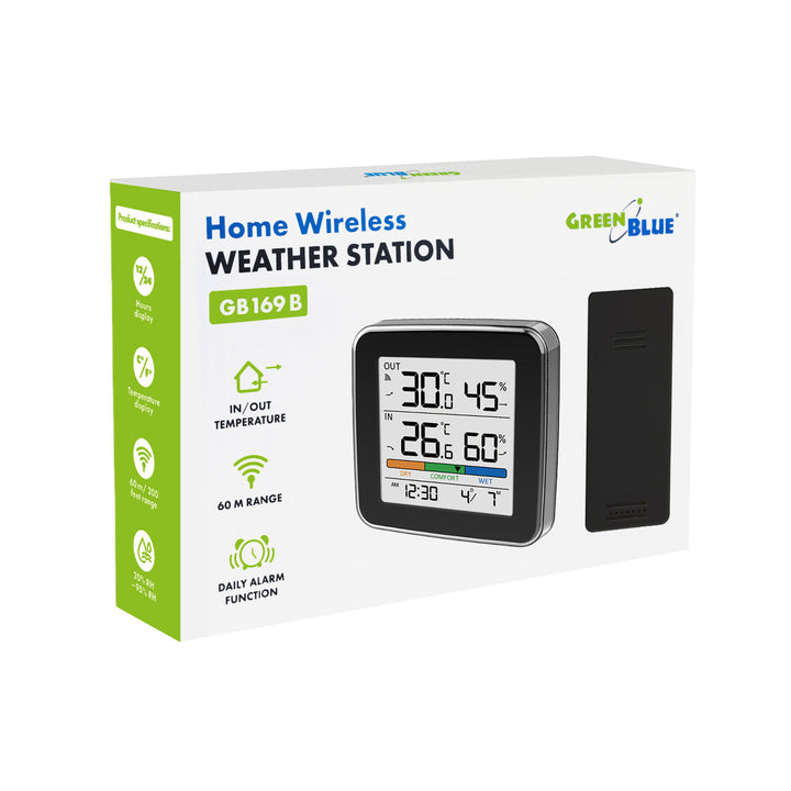 Stație meteo fără fir GreenBlue, temperatură + umiditate IN/OUT, ceas + alarmă + dată, °C / °F, rază de acțiune de până la 60 m, negru, GB169 B + 4 baterii alcaline AAA Varta Industrial