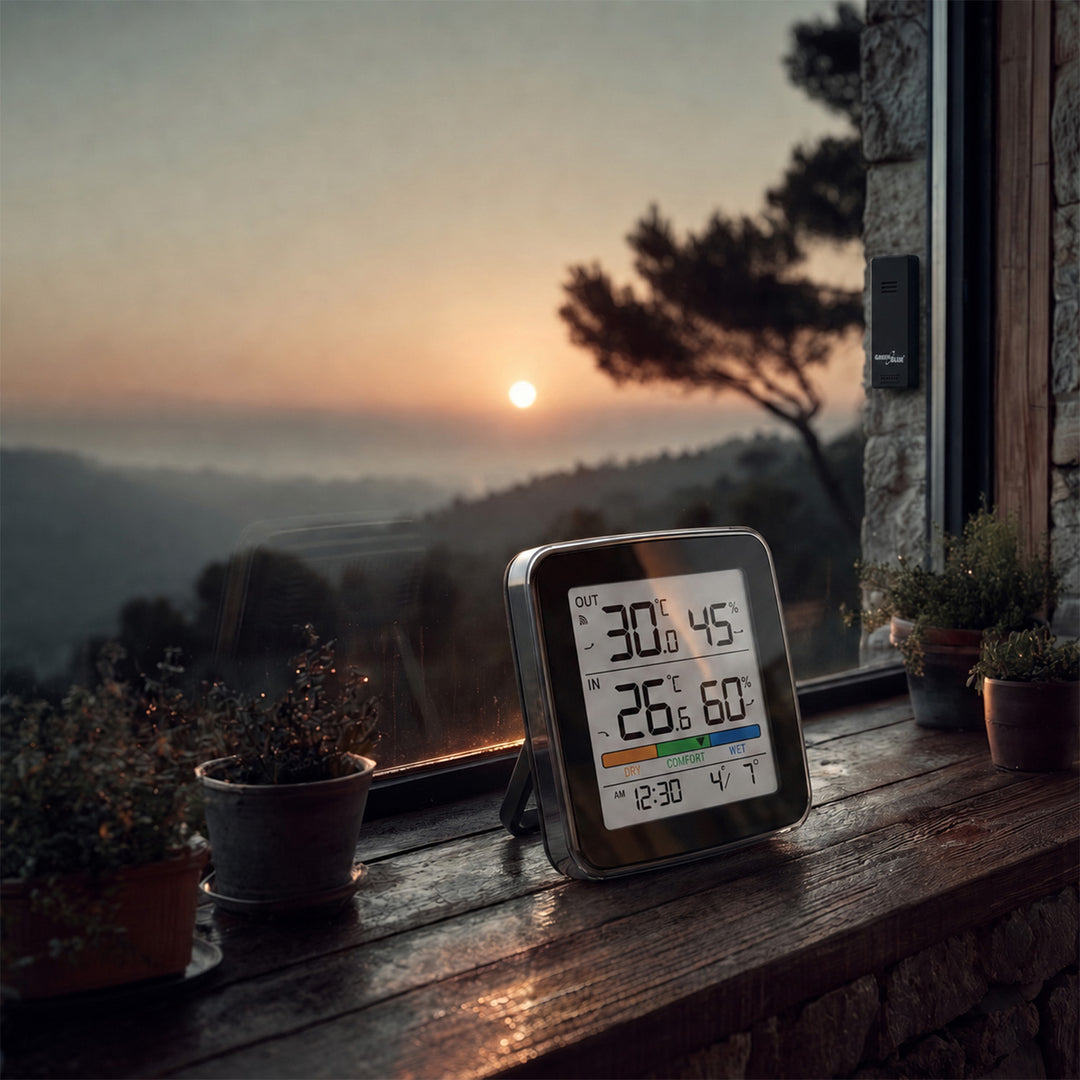 Stație meteo fără fir GreenBlue, temperatură + umiditate IN/OUT, ceas + alarmă + dată, °C / °F, rază de acțiune de până la 60 m, negru, GB169 B + 4 baterii alcaline AAA Varta Industrial
