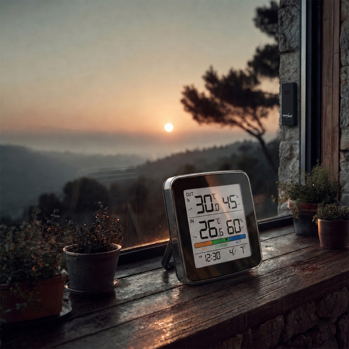 Stație meteo fără fir GreenBlue, temperatură + umiditate IN/OUT, ceas + alarmă + dată, °C / °F, rază de acțiune de până la 60 m, negru, GB169 B + 4 baterii alcaline AAA Varta Industrial
