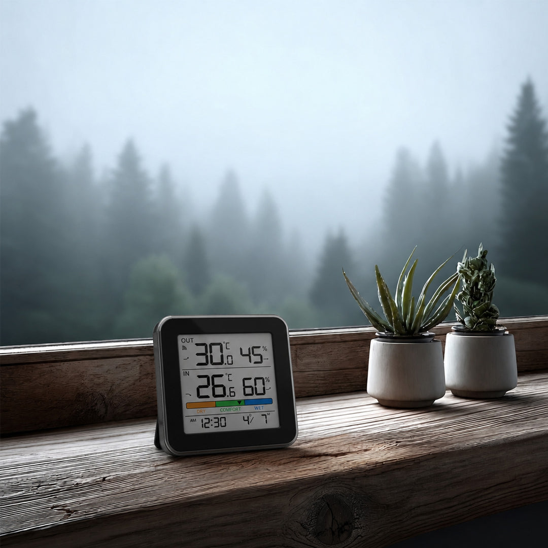 Stație meteo fără fir GreenBlue, temperatură + umiditate IN/OUT, ceas + alarmă + dată, °C / °F, rază de acțiune de până la 60 m, negru, GB169 B + 4 baterii alcaline AAA Varta Industrial