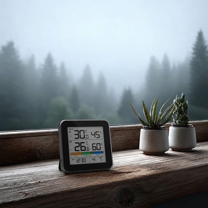 Stație meteo fără fir GreenBlue, temperatură + umiditate IN/OUT, ceas + alarmă + dată, °C / °F, rază de acțiune de până la 60 m, negru, GB169 B + 4 baterii alcaline AAA Varta Industrial