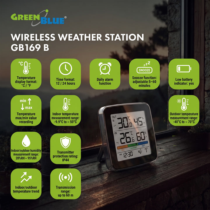 Stație meteo fără fir GreenBlue, temperatură + umiditate IN/OUT, ceas + alarmă + dată, °C / °F, rază de acțiune de până la 60 m, negru, GB169 B + 4 baterii alcaline AAA Varta Industrial