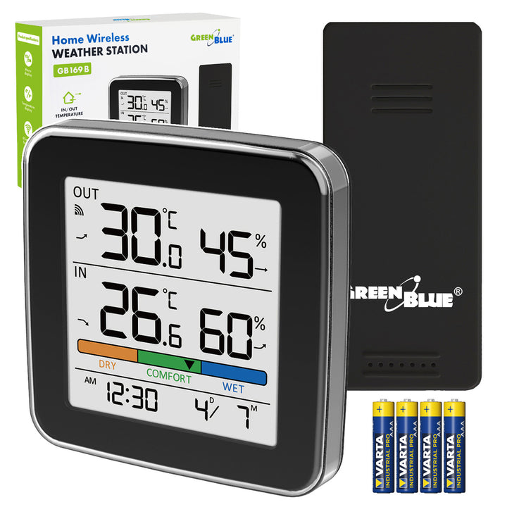 Stație meteo fără fir GreenBlue, temperatură + umiditate IN/OUT, ceas + alarmă + dată, °C / °F, rază de acțiune de până la 60 m, negru, GB169 B + 4 baterii alcaline AAA Varta Industrial