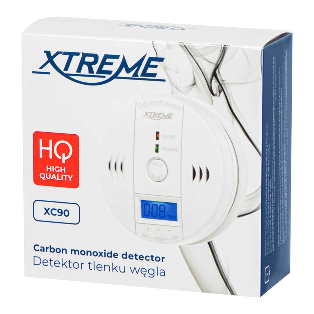 Detector de monoxid de carbon Xtreme XC90 LCD, culoare albă, 3 baterii AA, alarmă sonoră puternică și LED roșu, dimensiuni compacte, durată de funcționare de până la 7 ani, 50-636#