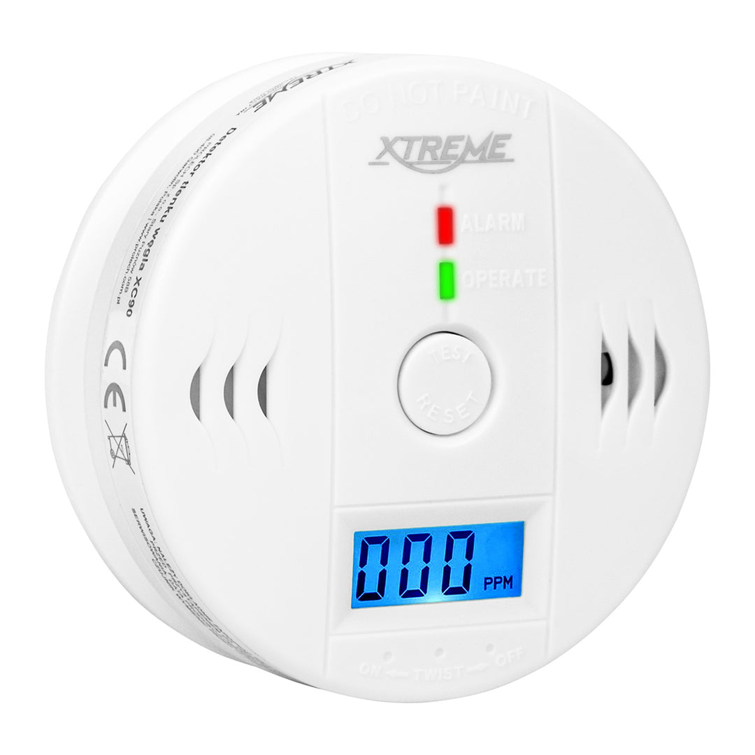 Detector de monoxid de carbon Xtreme XC90 LCD, culoare albă, 3 baterii AA, alarmă sonoră puternică și LED roșu, dimensiuni compacte, durată de funcționare de până la 7 ani, 50-636#