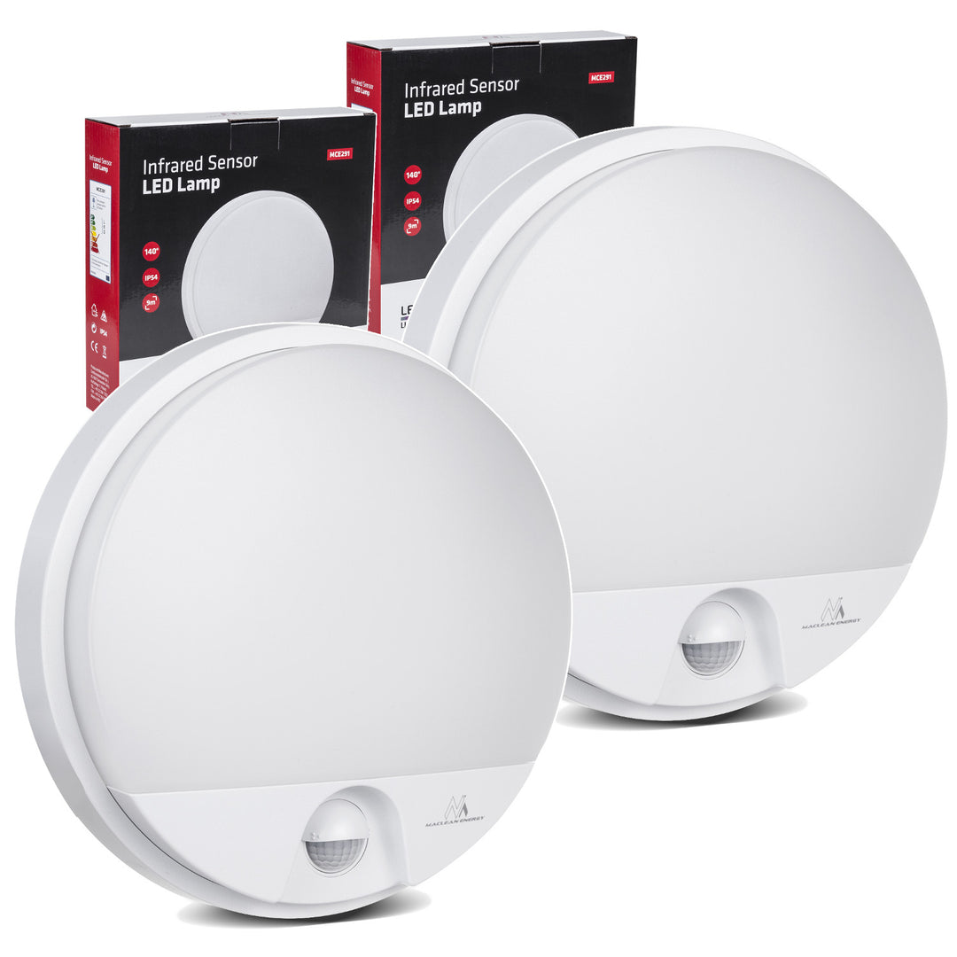 Lampă LED cu senzor de mișcare Maclean, senzor PIR, culoare albă, 15 W, IP54, 1100 lm, lumină neutră, MCE291 W, 2 bucăți