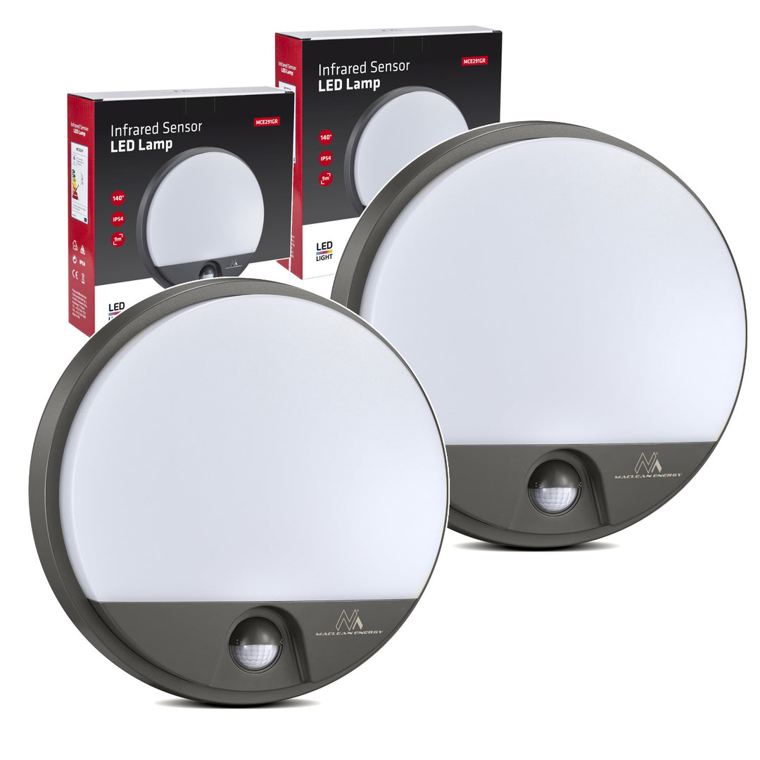 Lampă LED cu senzor de mișcare Maclean, senzor PIR, culoare gri, 15 W, IP54, 1100 lm, lumină neutră, MCE291 W, 2 bucăți