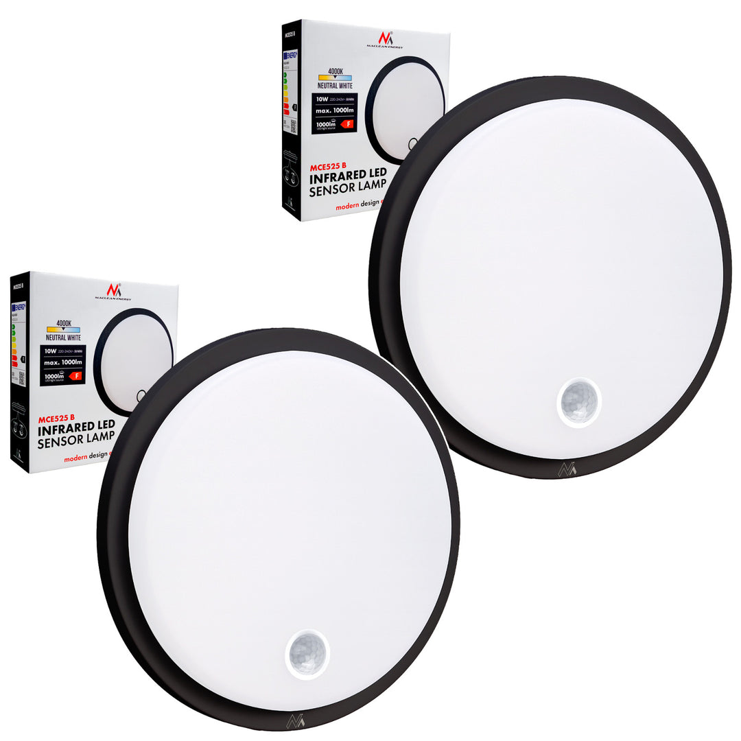 Lampă LED cu senzor de mișcare Maclean, senzor PIR, culoare neagră, 10 W, IP65, 1000 lm, lumină neutră, MCE525 B, 2 bucăți