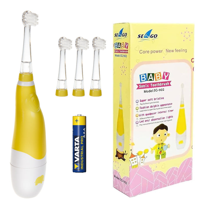 Periuță de dinți sonică pentru copii SEAGO, culoare galbenă, 4 capete de periuță, SG-902 Yellow + baterie alcalină AAA Varta Industrial