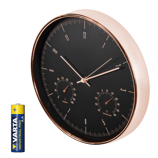 Ceas de perete auriu de 12'' (30 cm) cu termometru și higrometru CE70 G + baterie alcalină R-06 LR6 AA de 1,5 V Varta Industrial