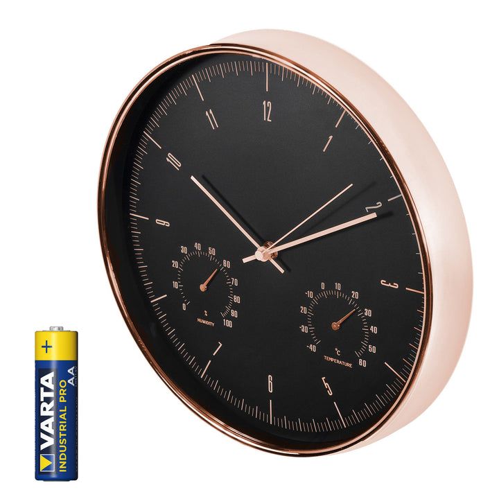 Ceas de perete auriu de 12'' (30 cm) cu termometru și higrometru CE70 G + baterie alcalină R-06 LR6 AA de 1,5 V Varta Industrial