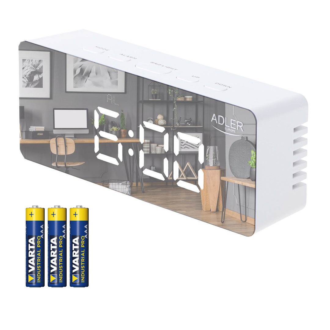 Ceas deșteptător cu afișaj LED și termometru Adler AD 1189 W + 3 baterii alcaline AAA Varta Industrial