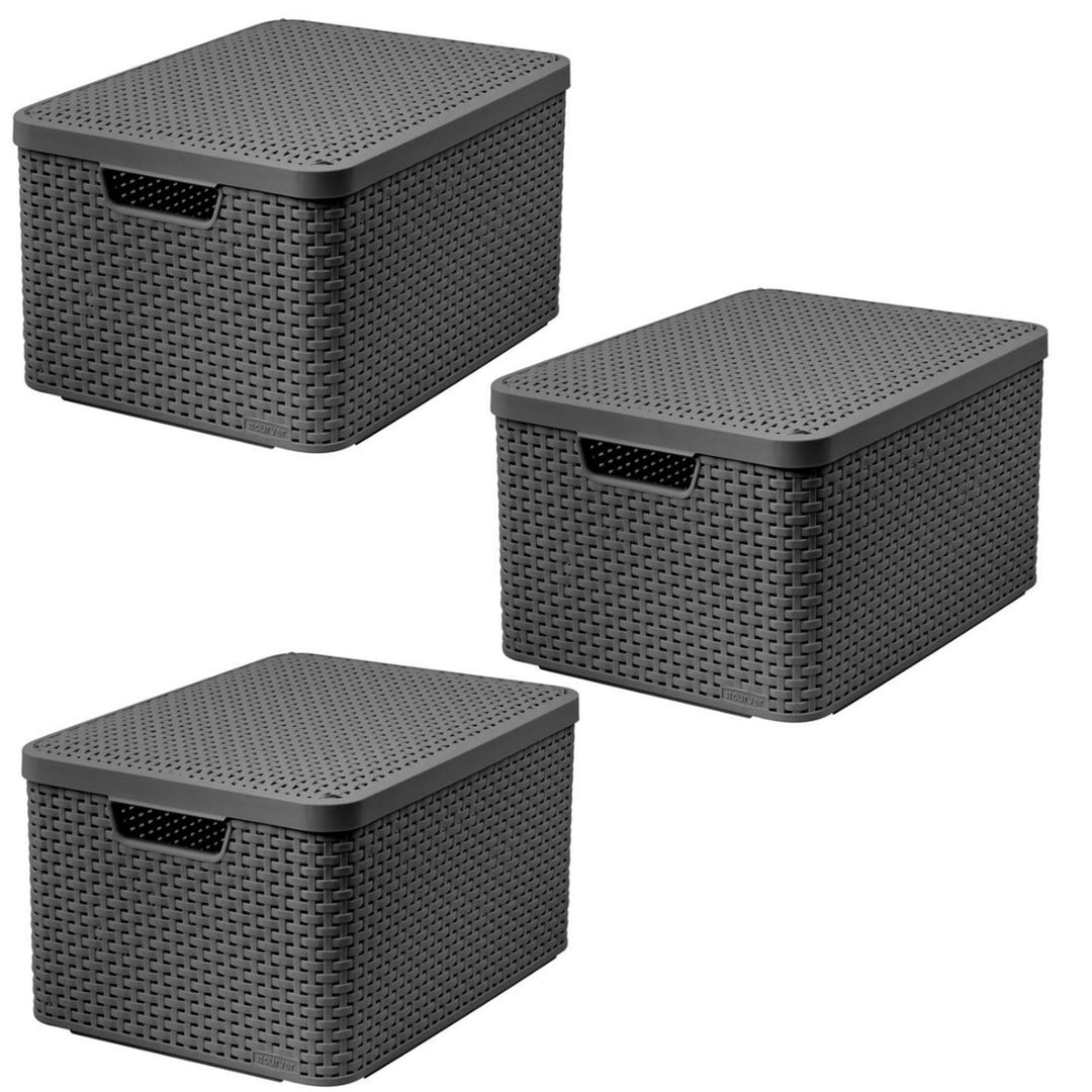 Coș Curver, universal, cu capac, gri, Rattan Style L, 3 bucăți