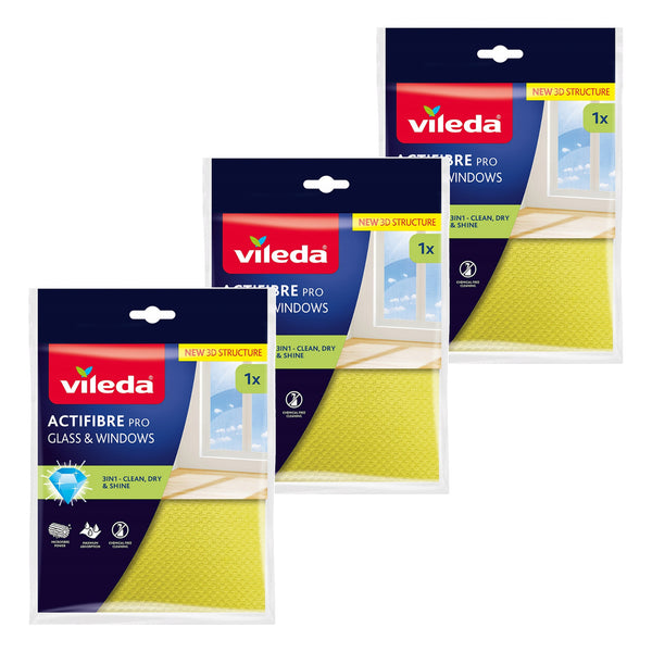 Cârpă Vileda Actifibre Pro pentru sticlă și geamuri, se poate spăla la mașina de spălat, strat de PVA, fără urme și pete, curăță doar cu apă, 183298, 3 bucăți