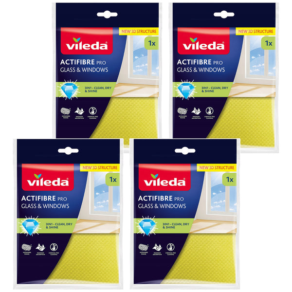 Cârpă Vileda Actifibre Pro pentru sticlă și geamuri, se poate spăla la mașina de spălat, strat de PVA, fără urme și pete, curăță doar cu apă, 183298, 4 bucăți