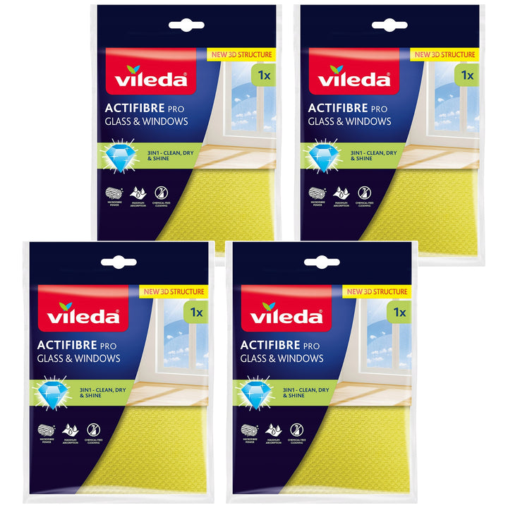 Cârpă Vileda Actifibre Pro pentru sticlă și geamuri, se poate spăla la mașina de spălat, strat de PVA, fără urme și pete, curăță doar cu apă, 183298, 4 bucăți