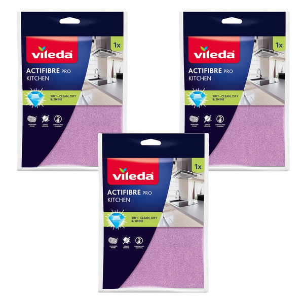 Cârpă de bucătărie Vileda Actifibre Pro, din microfibră, cu strat de PVA, se poate spăla la temperaturi de până la 60 °C, 183303, 3 bucăți